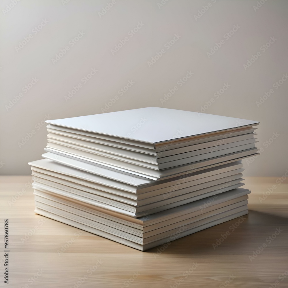 A neat stack of white books on a light wooden table. A neat stack of white books on a light wooden table.
