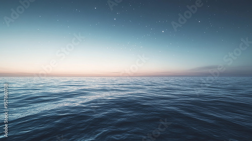 A serene twilight over the sea, with the sky transitioning from day to night, stars beginning to twinkle above the calm water.