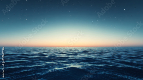 A serene twilight over the sea, with the sky transitioning from day to night, stars beginning to twinkle above the calm water.