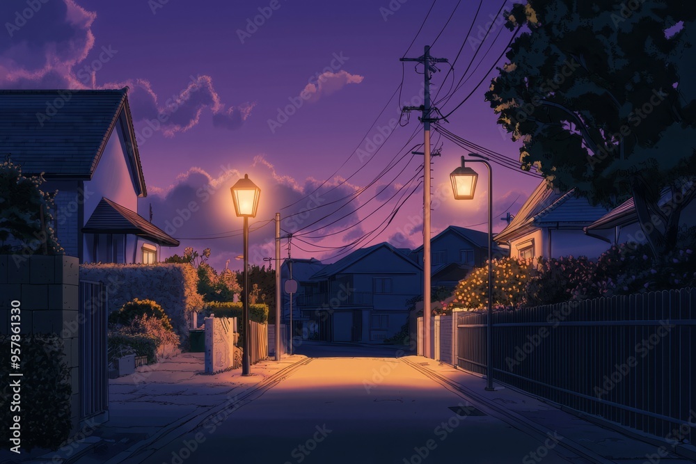 Fototapeta premium Peaceful suburban lane with dimly lit pathways and a cozy, nighttime ambiance. Cozy vibe, Generative AI