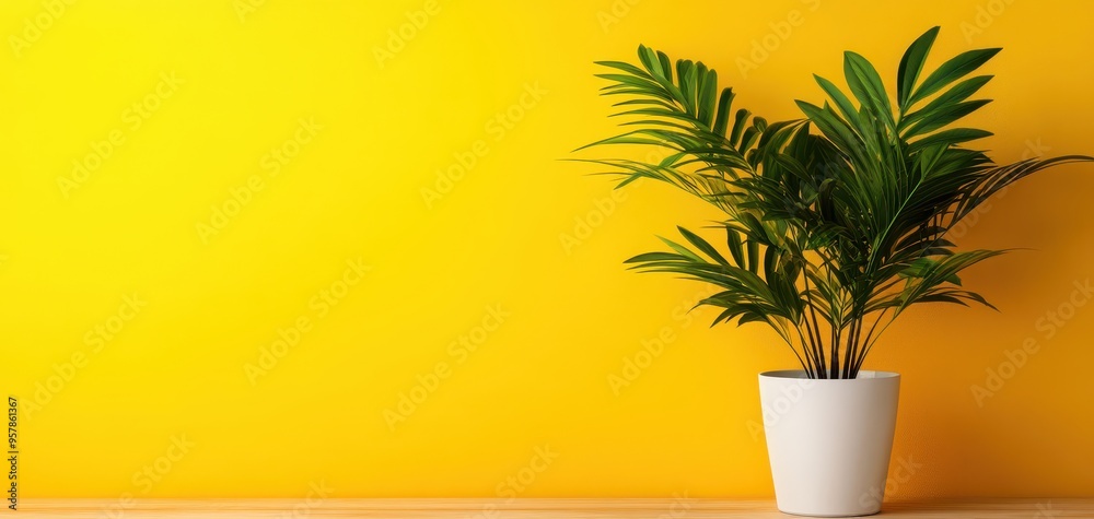 A vibrant green plant in a white pot against a cheerful yellow wall, adding a fresh touch to any interior decor. A vibrant green plant in a white pot against a cheerful yellow wall, adding a fresh touch to any interior decor.