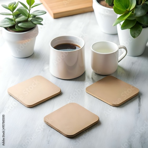 Three simple. square. brown coasters on a white table setting.