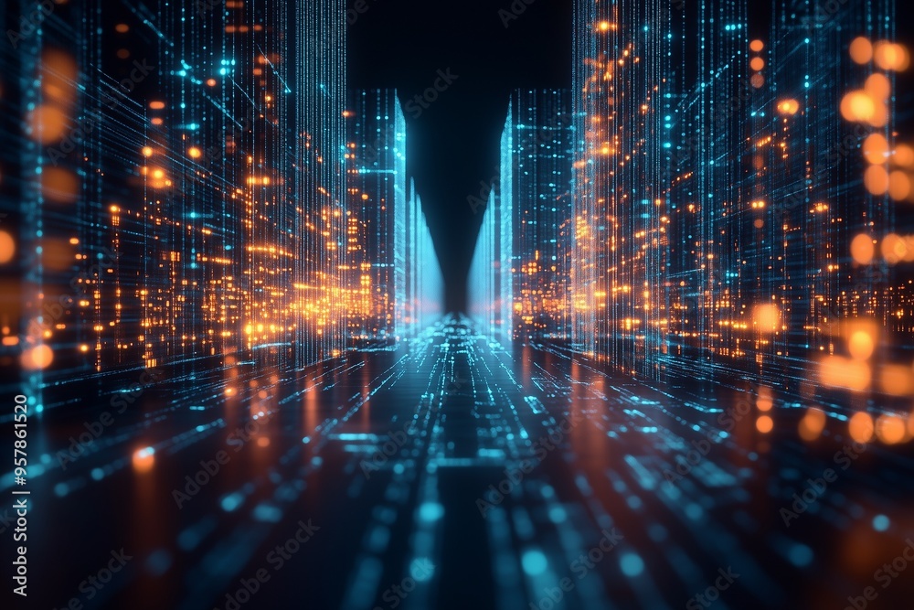 Obraz premium A futuristic network hub, with digital data streams, circuit board patterns, and glowing nodes.
