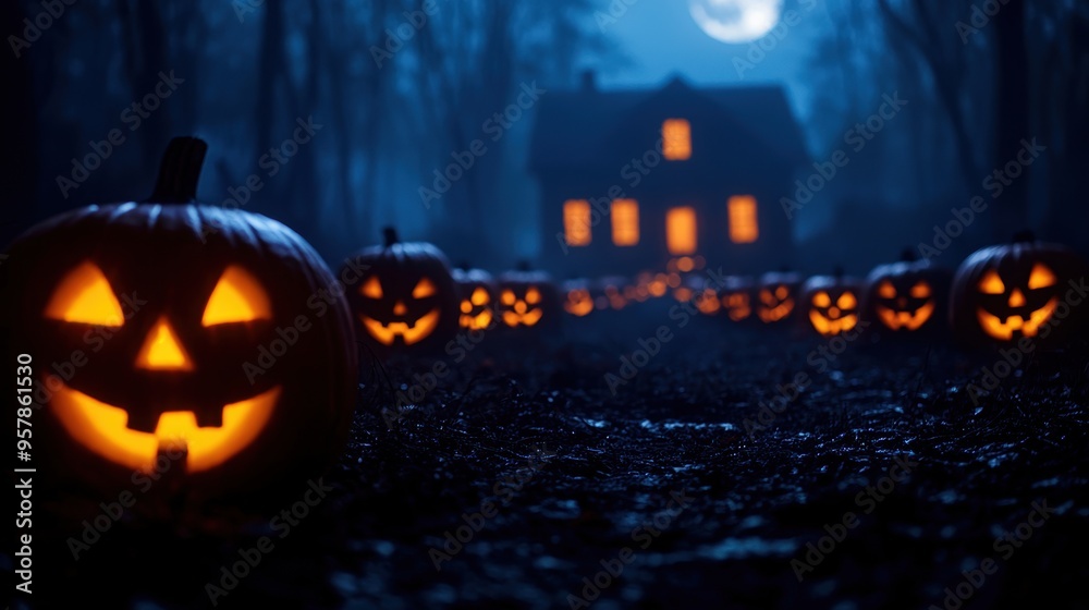 Glowing Jack-o'-lanterns Leading to Haunted House on Full Moon Night with Copy Space, Selective Focus - Ultra HD Glowing Jack-o'-lanterns Leading to Haunted House on Full Moon Night with Copy Space, Selective Focus - Ultra HD