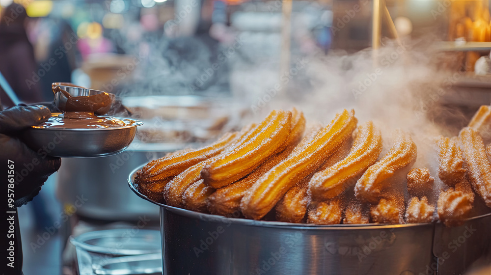 A vendor serving hot churros dusted with cinnamon sugar, with a warm chocolate dipping sauce on the side, in a busy market. A vendor serving hot churros dusted with cinnamon sugar, with a warm chocolate dipping sauce on the side, in a busy market.