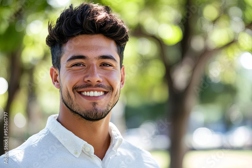 Young Hispanic architect smiling confidently in a park