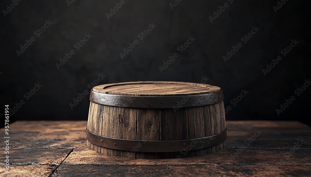 Wooden Barrel with Metal Bands on a Dark Wooden Surface Wooden Barrel with Metal Bands on a Dark Wooden Surface