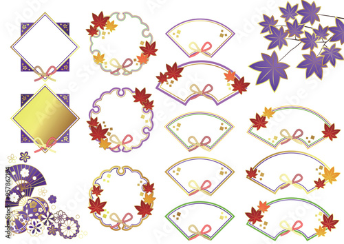秋の和風フレームセット、紅葉、紫、かわいい、イラスト、アイコン