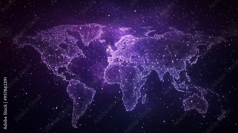 Obraz premium Abstract image of a world map in the form of a starry sky or space, consisting of points, lines, and shapes in the form of planets, stars and the universe. World vector wireframe concept