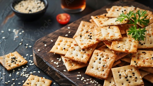 An array of nutritious snacks toast crunchy crackers topped with sesame seeds salty crackers