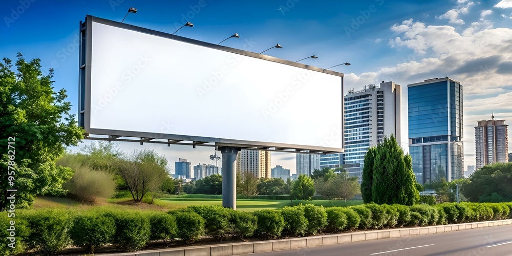 A large blank billboard stands tall against a backdrop of modern cityscape and lush greenery. A large blank billboard stands tall against a backdrop of modern cityscape and lush greenery.