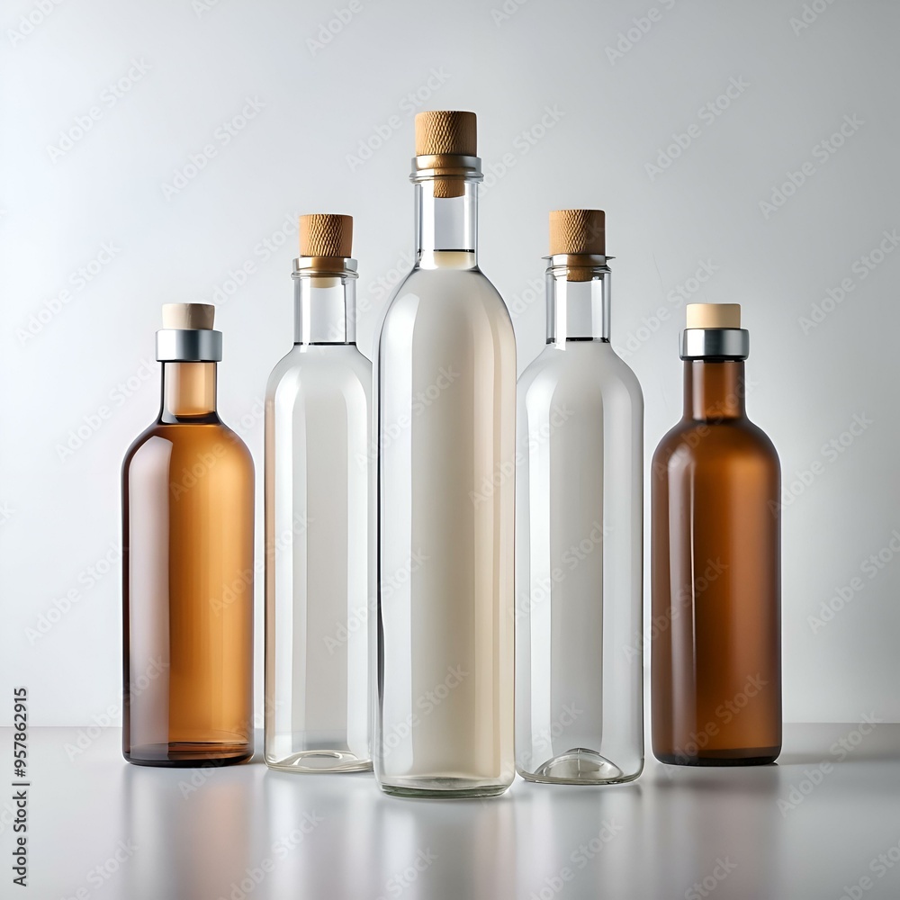 Five glass bottles with cork stoppers. two clear. two brown. and one slightly tinted. arranged in a row on a white surface. Five glass bottles with cork stoppers. two clear. two brown. and one slightly tinted. arranged in a row on a white surface.