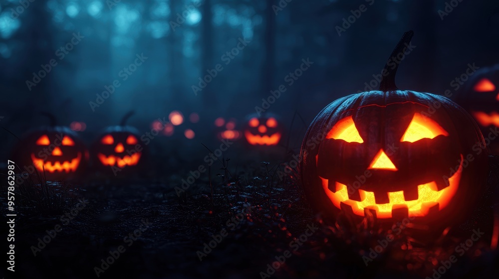 Enchanted Foggy Moor with Glowing Jack-O-Lanterns Leading the Way - Haunting Halloween Background with Copy Space Enchanted Foggy Moor with Glowing Jack-O-Lanterns Leading the Way - Haunting Halloween Background with Copy Space