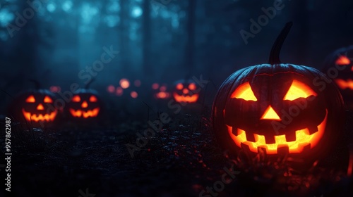 Wallpaper Mural Enchanted Foggy Moor with Glowing Jack-O-Lanterns Leading the Way - Haunting Halloween Background with Copy Space Torontodigital.ca