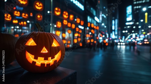 Wallpaper Mural Enchanting Night Scene of City Street with Glowing Jack-o'-lanterns, Halloween Decor, Urban Nightlife Concept, Copy Space Torontodigital.ca