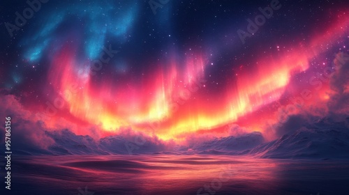 Digital illustration of aurora borealis abstract background northern lights in polar night sky cotton clouds natural phenomenon geomagnetic wonder ultraviolet neon lines