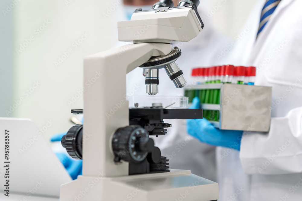 Two Asian scientists in lab coats sit at a table in a laboratory, examining samples through a microscope. The room is equipped with scientific tools, liquids, and chemistry materials. Two Asian scientists in lab coats sit at a table in a laboratory, examining samples through a microscope. The room is equipped with scientific tools, liquids, and chemistry materials.