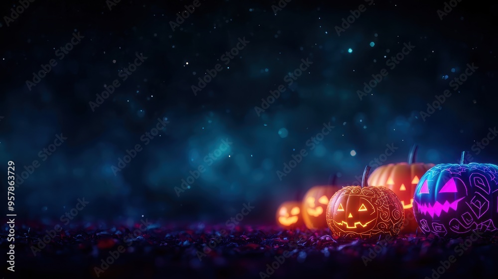Neon Jack-o'-lanterns: Vibrant Futuristic Halloween Decor Illuminating the Night Sky Neon Jack-o'-lanterns: Vibrant Futuristic Halloween Decor Illuminating the Night Sky