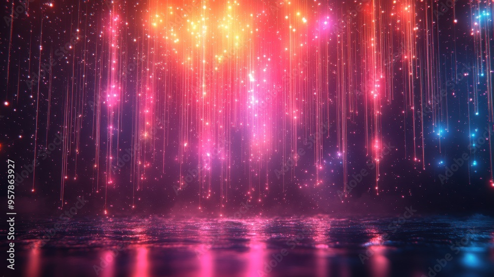 3D animation of fantastic pink and blue neon rain with endless colorful fireworks and sparkles in a night scene abstract background.