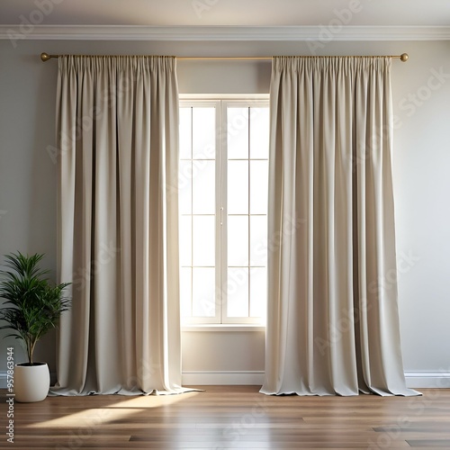 Elegant beige curtains with a gold curtain rod and a large window. perfect for showcasing interior design. home decor. or product placement.