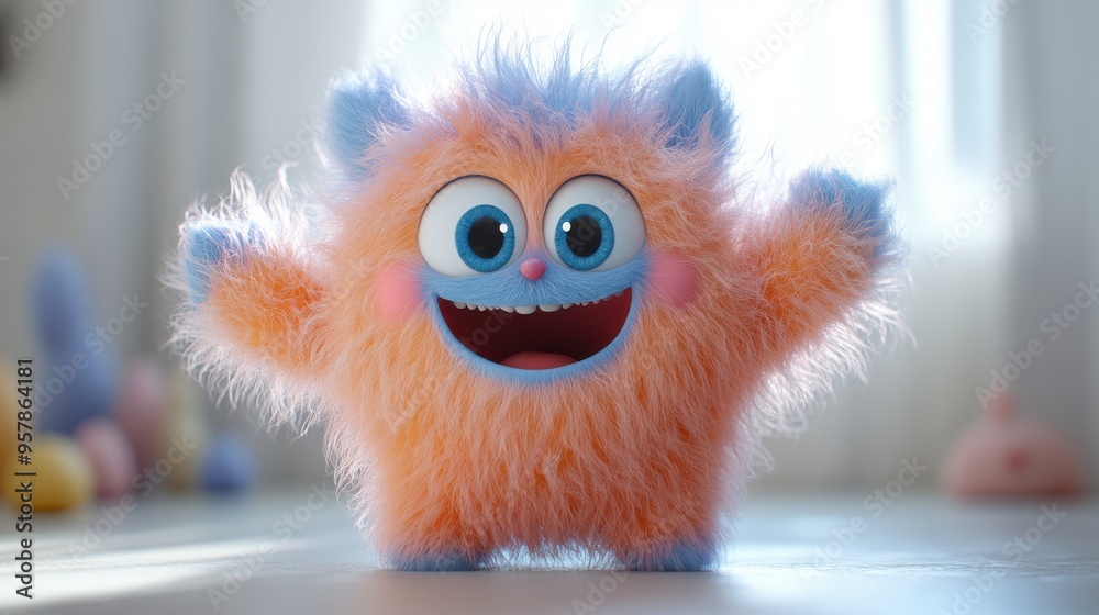 A hairy funny toy monster character is dancing in a white room. A hairy funny toy monster character is dancing in a white room.