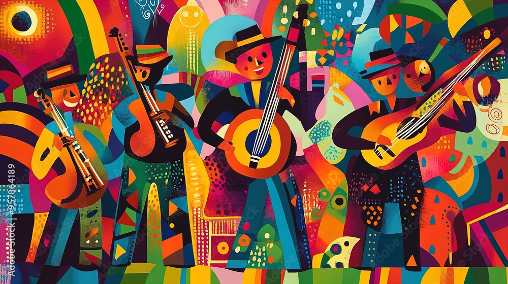 Obraz premium Cheerful Musicians with Traditional Instruments: Vibrant Abstract Background Perfect for Sports Room Décor or Cultural Event Posters!