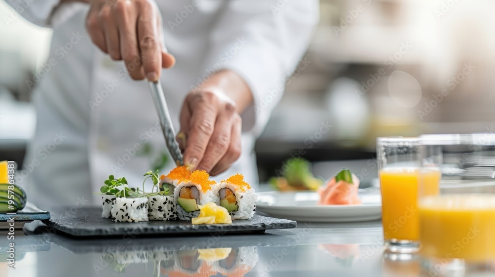 A sushi chef rolls maki rolls while a pineapple-mango smoothie awaits delivery. A sushi chef rolls maki rolls while a pineapple-mango smoothie awaits delivery.