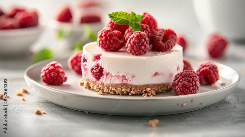 A photorealistic image of a raspberry cheesecake with raspberry compote. A photorealistic image of a raspberry cheesecake with raspberry compote.