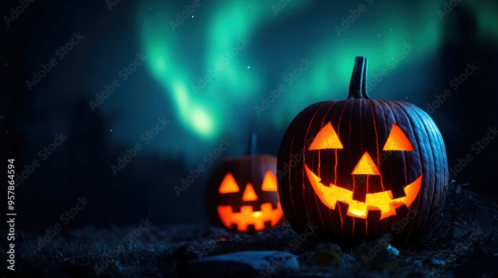Enchanting Aurora Jackolanterns: Surreal Halloween Night Scene Enchanting Aurora Jackolanterns: Surreal Halloween Night Scene