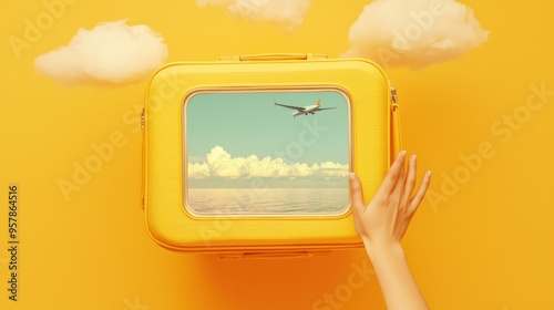 Yellow Suitcase with Open View of Airplane Flying over Ocean and Clouds photo