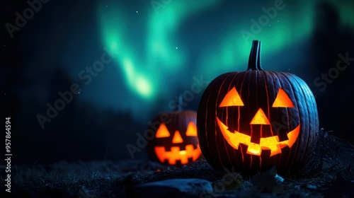 Enchanting Aurora Jackolanterns: Surreal Halloween Night Scene