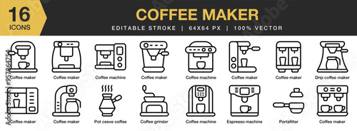 Coffee Maker icon set. Editable Stroke Icon Collection. Includes Appliance, Coffee, Espresso, Household, Kitchen, Machine, Maker, and More. Outline icons vector collection.