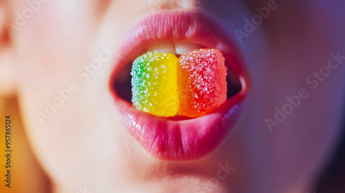 Wallpaper Mural mouth puckering up after tasting a sour candy, with the bright candy in focus Torontodigital.ca