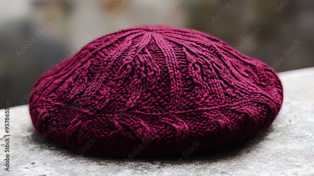 Fototapeta premium Chic Vintage-Inspired Burgundy Knitted Beret: Perfect for Autumn Fashion - Ideal Poster for Cozy Interiors