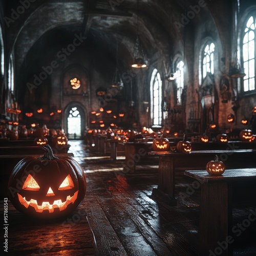 Spooky Halloween Church Scene with Glowing Carved Pumpkins, Creepy Atmosphere, Eerie Lighting, Haunted Chapel, Jack-o'-Lantern Faces, Festive Decoration, Halloween Decorations, Spooky Decor photo