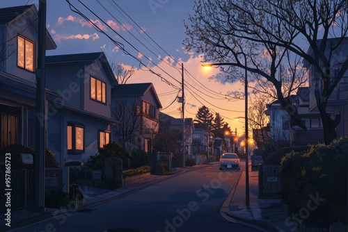 Quiet suburban street with houses bathed in the warm glow of evening lights. Cozy vibe, Generative AI