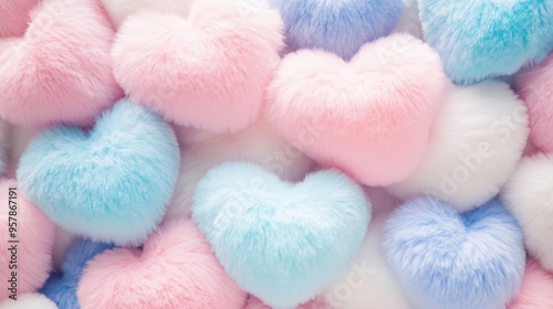 A background of cute pastel pink, blue, and white hearts made from soft, fluffy plush fabric