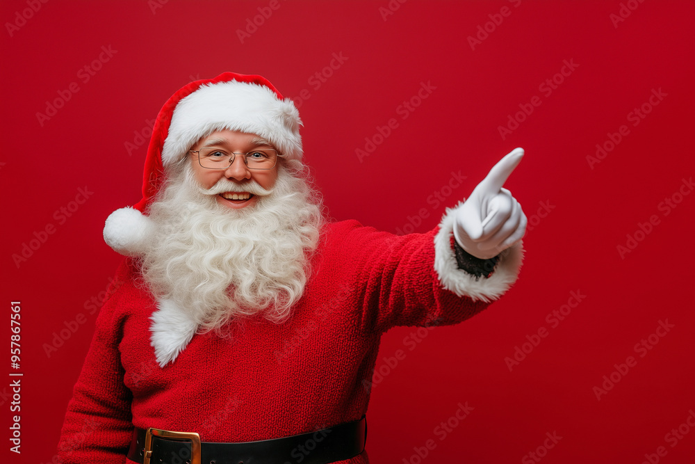 smiling Santa Claus pointing to the camera. The image has a festive and joyful mood, as it is a Christmas-themed photo smiling Santa Claus pointing to the camera. The image has a festive and joyful mood, as it is a Christmas-themed photo