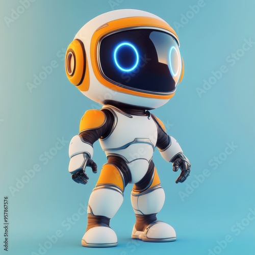 A White and Orange Robot with Blue Eyes Standing on a Light Blue Background photo