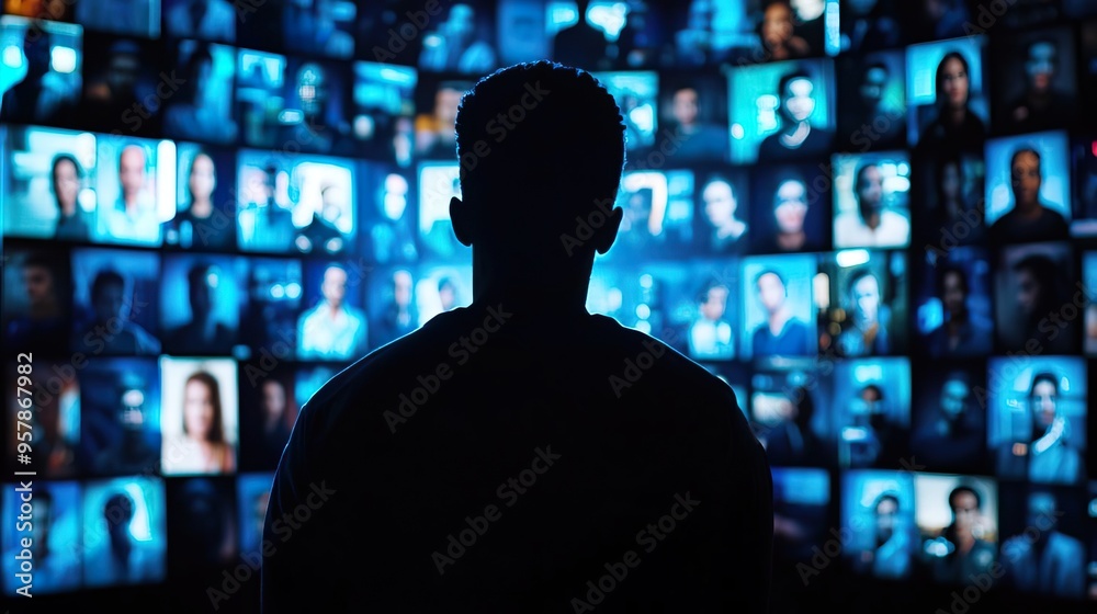 Silhouette of a person in front of multiple digital screens displaying diverse faces, symbolizing connection and technology. Silhouette of a person in front of multiple digital screens displaying diverse faces, symbolizing connection and technology.