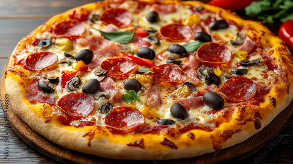 Delicious homemade pizza topped with pepperoni ,olives Delicious homemade pizza topped with pepperoni ,olives