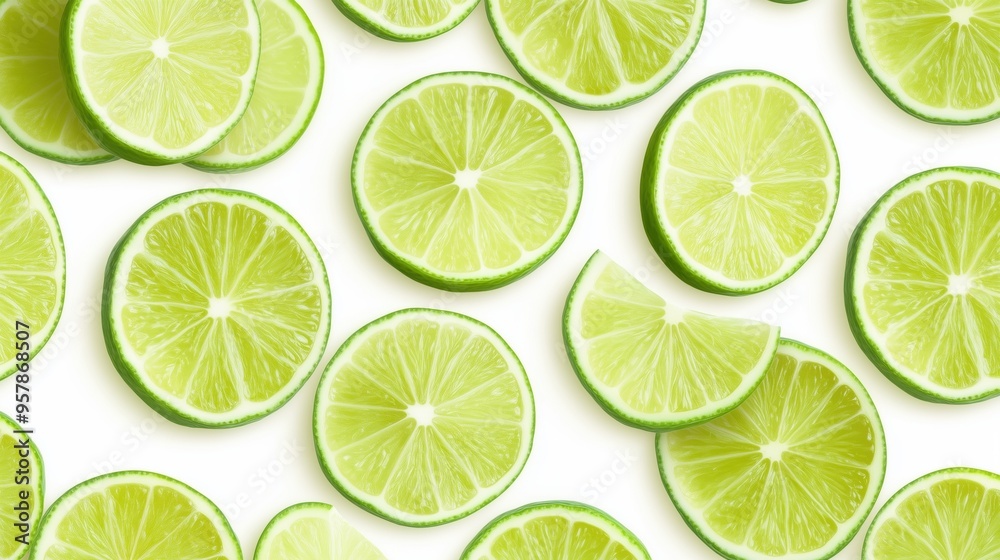 Many lime slices on whole background, lemon slices on a scattered on a background, wallpaper background Many lime slices on whole background, lemon slices on a scattered on a background, wallpaper background
