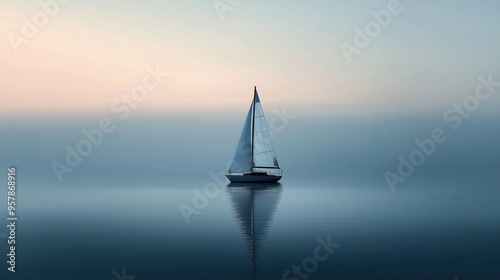 A single sailboat floating and sailing on water