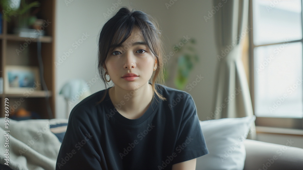 自宅のリビングでくつろぐ若い女性 自宅のリビングでくつろぐ若い女性