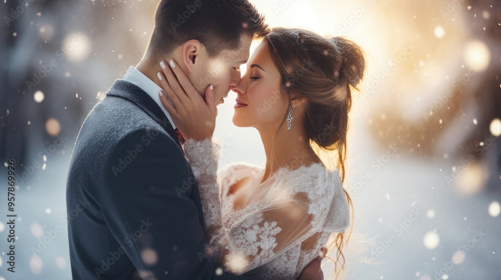 Romantic Winter Wedding Couple Embracing in Snowy Landscape with Soft Sunlight Romantic Winter Wedding Couple Embracing in Snowy Landscape with Soft Sunlight