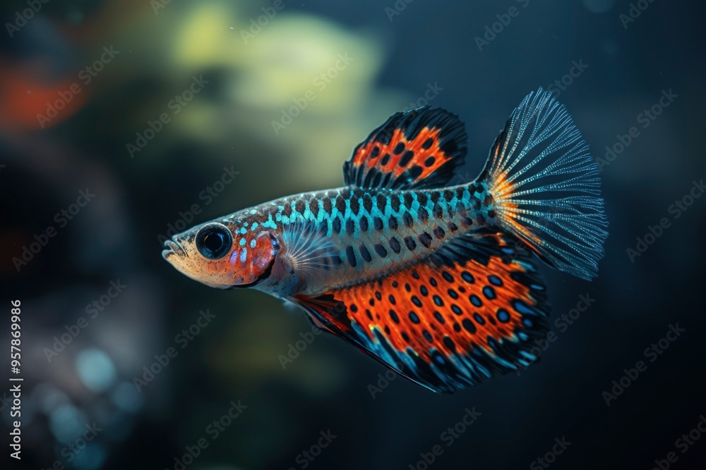 Obraz premium A Close-Up of a Vibrantly Colored Freshwater Fish with a Long, Flowing Fin