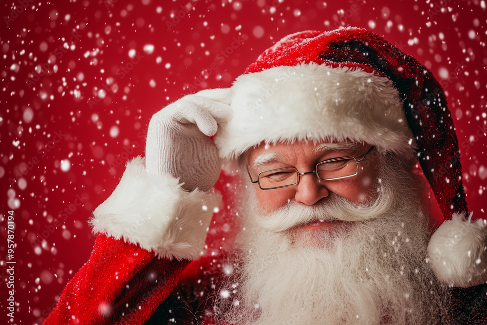 smiling santa with a red hat and white gloves. He is looking up and he is thinking smiling santa with a red hat and white gloves. He is looking up and he is thinking