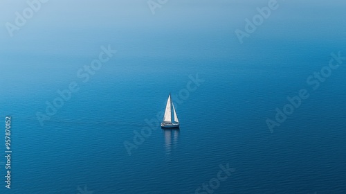 Drone view of a single sail boat sailing across the water 