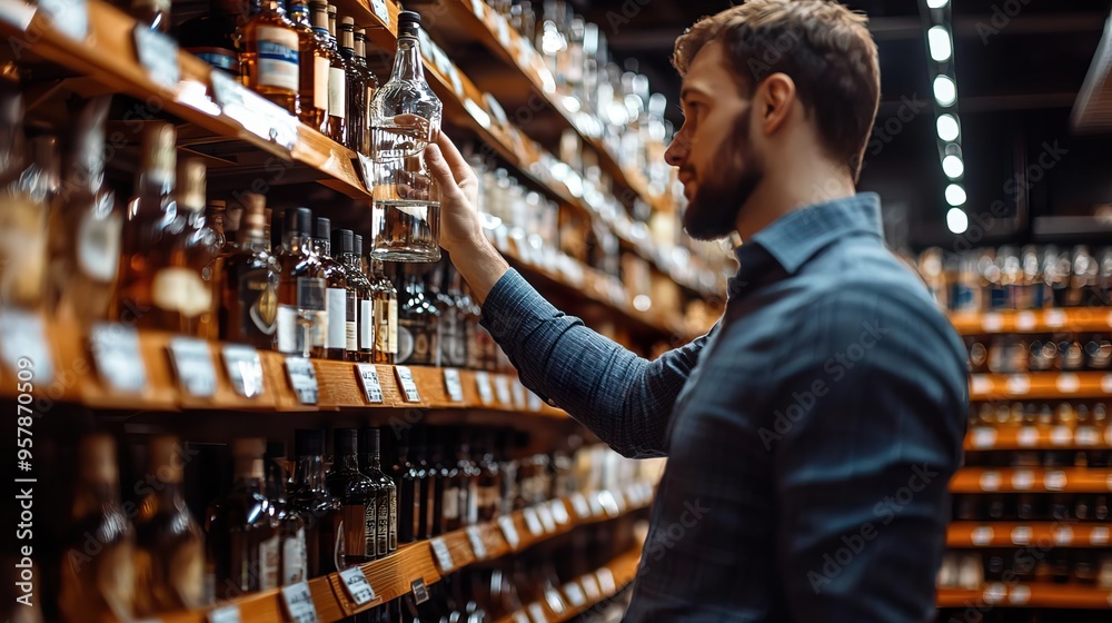 A man exploring a collection of spirits in a well-stocked liquor store, contemplating his next selection with focus and intent. A man exploring a collection of spirits in a well-stocked liquor store, contemplating his next selection with focus and intent.