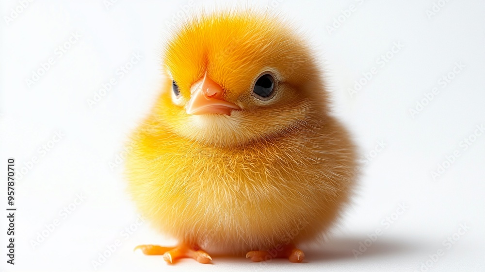 Golden Fluffball: A portrait of an adorable baby chick against a white backdrop, its soft yellow down and curious gaze capturing the essence of new life. Golden Fluffball: A portrait of an adorable baby chick against a white backdrop, its soft yellow down and curious gaze capturing the essence of new life.